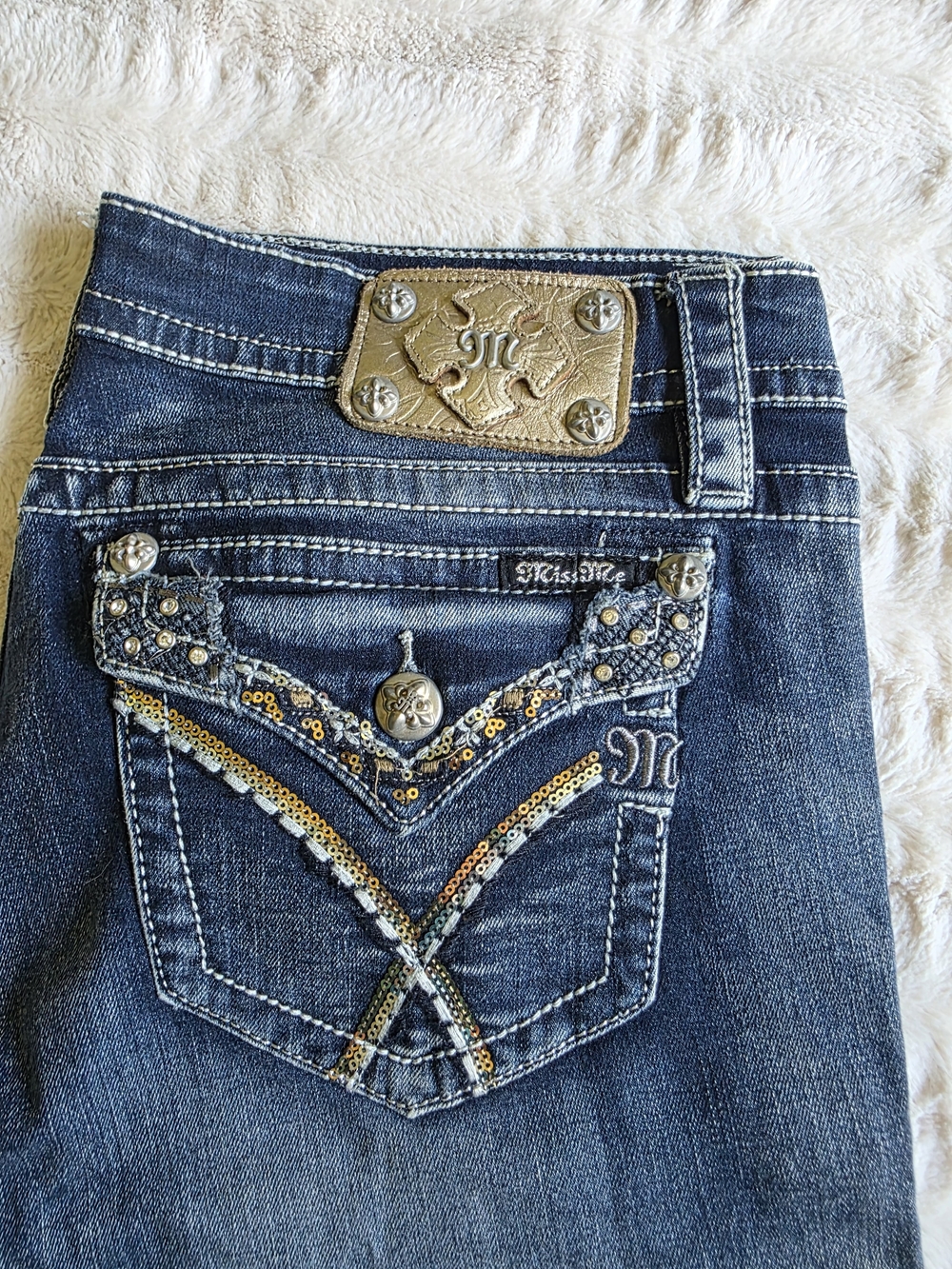 Miss Me Dark Blue Boot Cut Jeans with Gold & Silver Pocket Embellishment